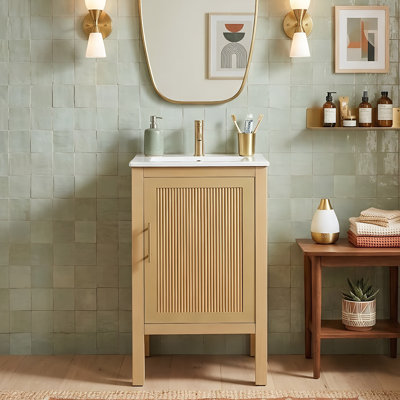 18" Modern Bathroom Single Vanity With Ceramic Sink, Solid Wood Compact Storage Cabinet With Fluted Wave Door & Adjustable Shelf, Natural Wood