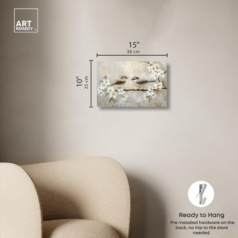 Delicate Birds Beige and White Wrapped Canvas Art