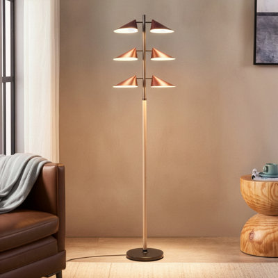 Ivo 65.2" Japandi-Inspired LED Floor Lamp With Oak Stem And Red Accent Shades