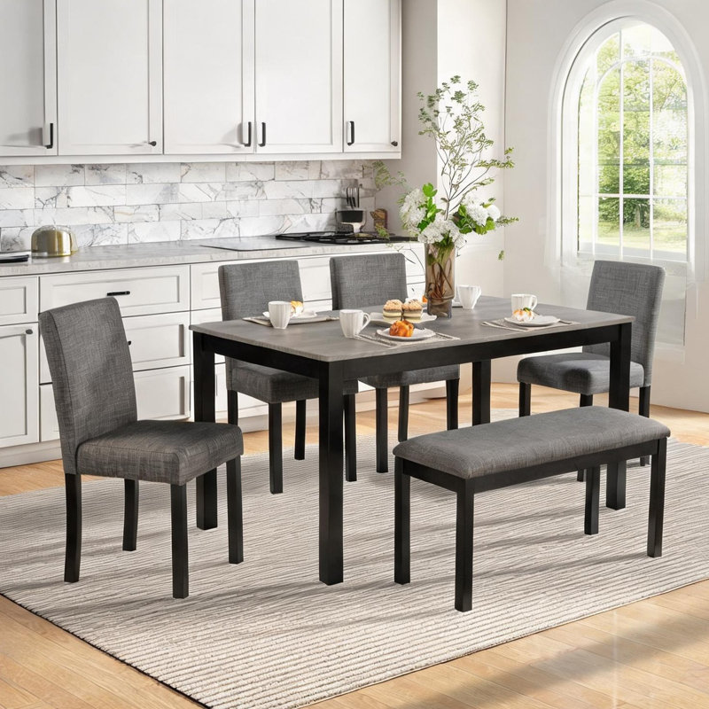 Ensemble de salle à manger de cuisine pour 6 avec banc, chaises en tissu gris ardoise, table rectangulaire, bicolore moderne