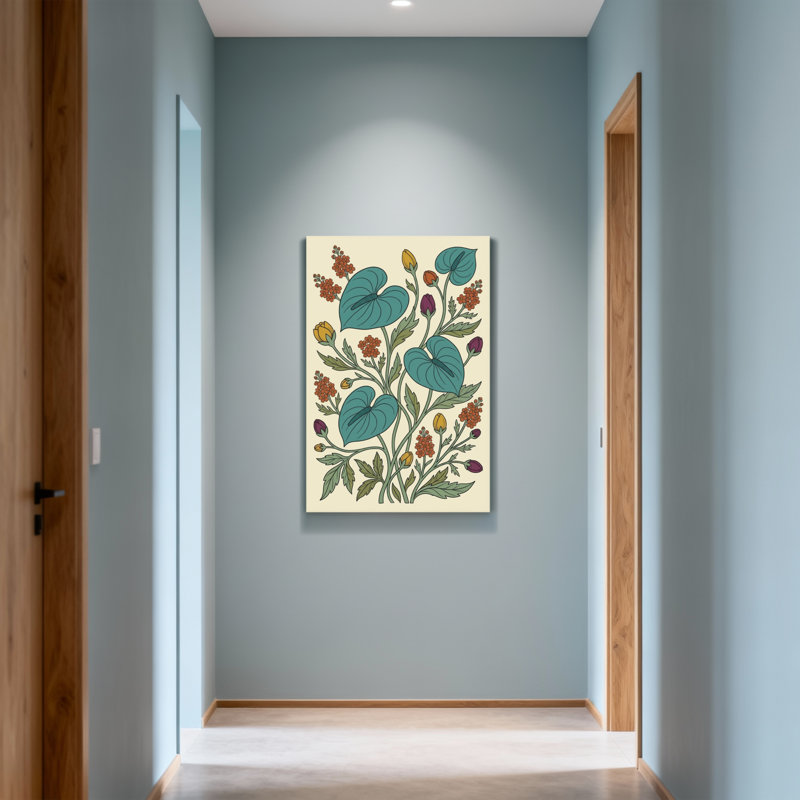 Motif floral de plantes et de fleurs avec des feuilles bleu sarcelle et des fleurs colorées, H 48 po x l 32 po