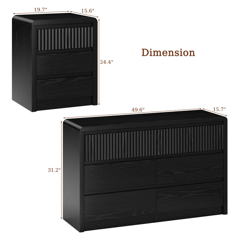 Ensemble de chambre à coucher 3 pièces Kizzy, commode 6 tiroirs et 2 tables de chevet avec grande armoire de rangement, dispositifs anti-basculement