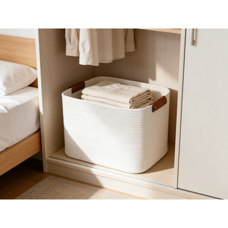 Large Handwoven Cotton Rope Storage Basket With Leather Handles - Durable Laundry Hamper And Home Organizer For Bedroom, Living Room, And Bathroom