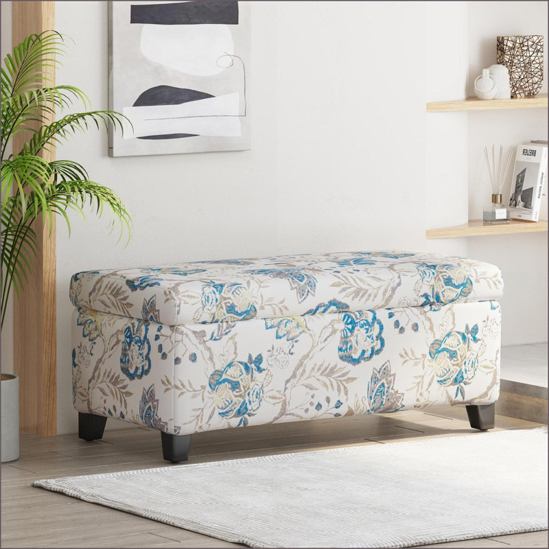 Repose-pieds avec rangement, tissu floral et amp; Charnières à fermeture en douceur - Repose-pieds / siège pour le salon, la chambre à coucher | Noir | Bois