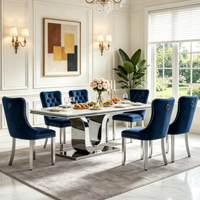 Ensemble de salle à manger de luxe en faux marbre de 173 cm pour 6 personnes avec chaises rembourrées, ensemble de table de cuisine 7 pièces, table à pied centrale en acier argenté en forme de U