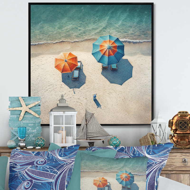 "Beachside Chairs And Umbrellas III", reproduction d'art sur toile, H 30 po x l 30 po x P 1 po, Cadre flottant noir