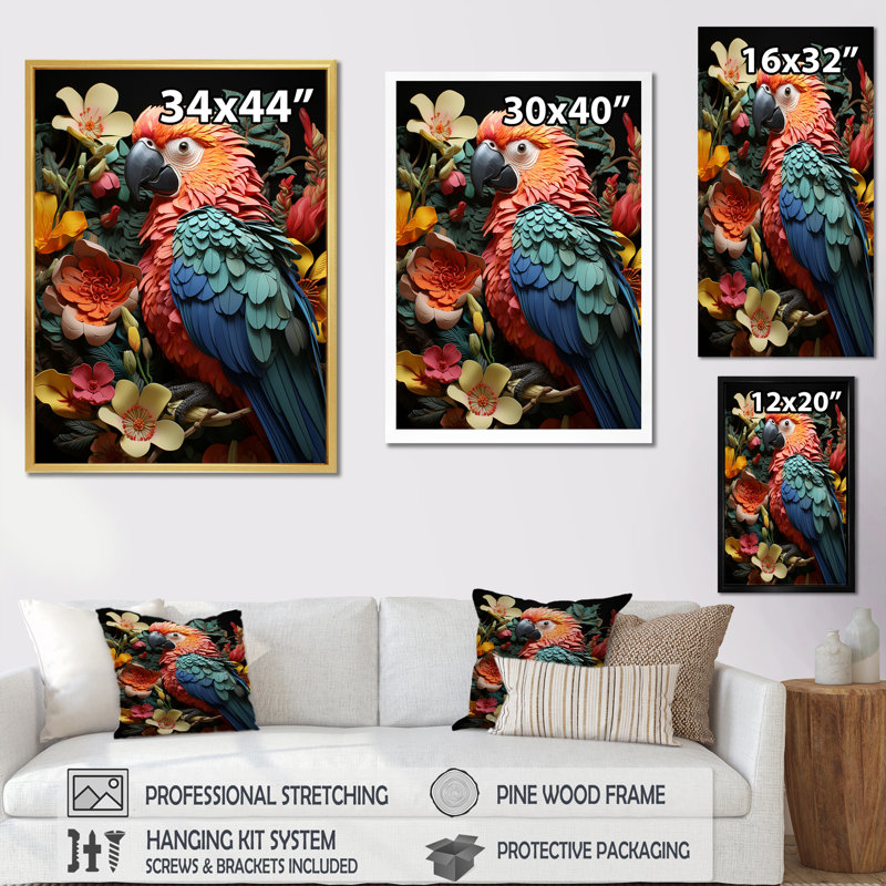 Perroquets plumes des tropiques I sur toile, Toile tendue, H 44 po x l 34 po