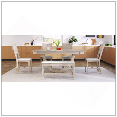 Ensemble de 6 tables de salle à manger en bois 6 pièces avec banc long et 4 chaises, style moderne, naturel