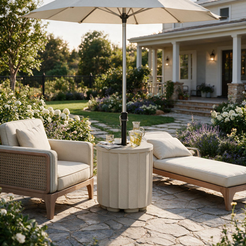 Pied de parasol 2 en 1 de 37,6 cm (14,8 po) avec table d'appoint ronde intégrée - Support robuste lestable (eau/sable), design cannelé résistant aux intempéries, idéal pour terrasse, piscine et balcon, blanc