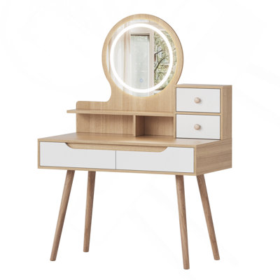 Makeup Vanity Desk with 3-Color Lighted Mirror and Solid Wood Legs, Dressing Table with 4 Drawers & 3 Open Shelves, Vanity Set for Bedroom & Small Spaces