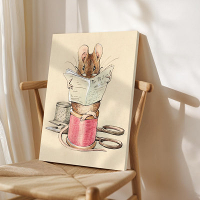 Framed Canvas Wall Art,Mouse reading a newspaper, surrounded by sewing tools, Watercolor illustration style. Wall Decor, Large Artwork for Living Room Bedroom, Ready to Hang, 24x36 Inch