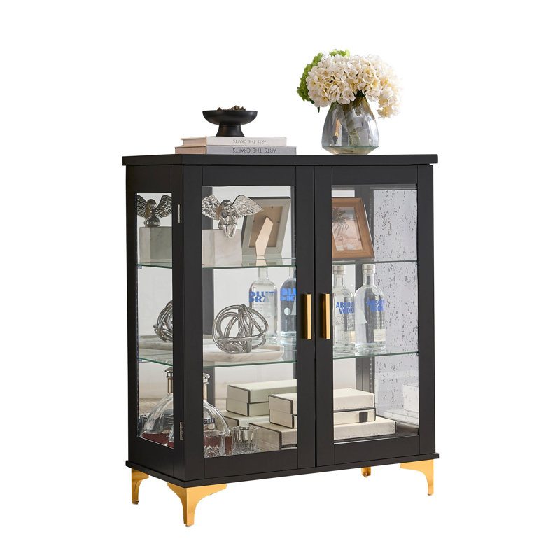 Modern Glass Display Cabinet with Double Doors, Adjustable Shelves & Gold-Tone Hardware, Freestanding Storage Cabinet for Living Room or Dining Room