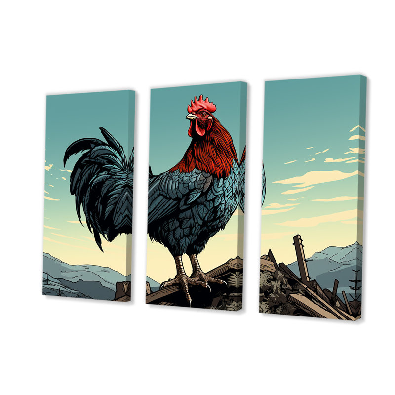 Coq à la ferme, lever de soleil, Toile tendue, H 32 po x l 48 po