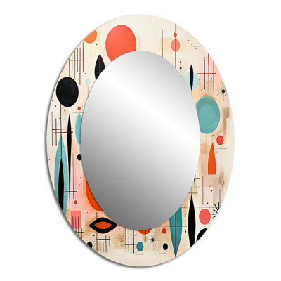Pink Blue Mid Century Whimsical Wonders IV - Abstract Oval Decorative Mirror On Metal
