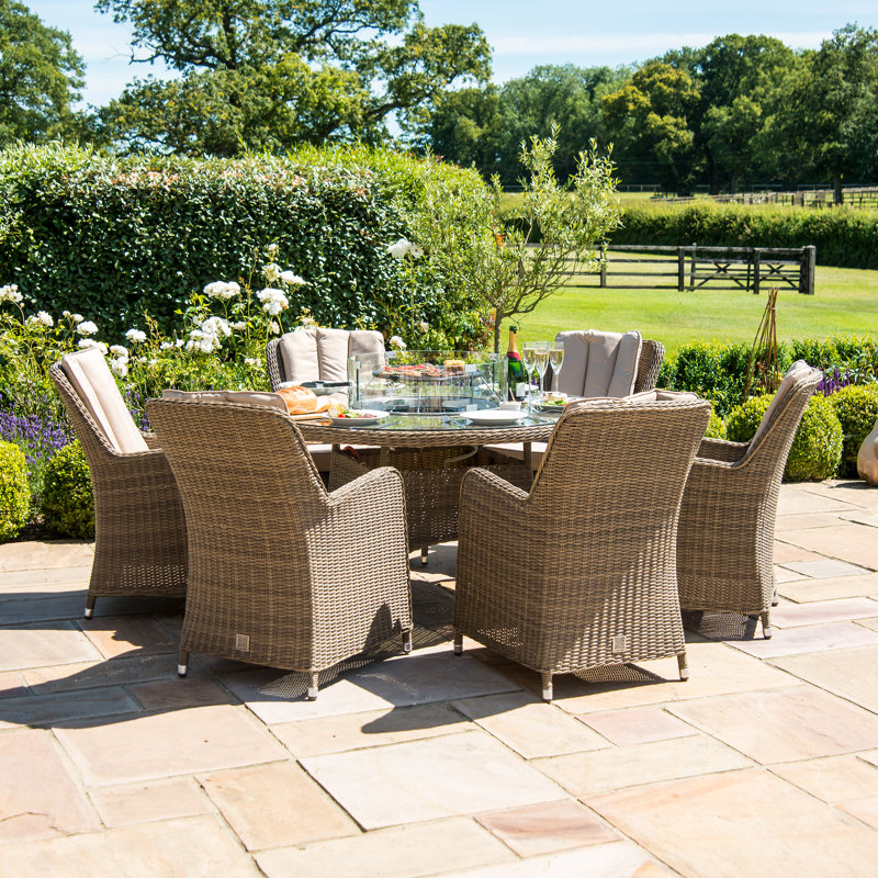 Balch 6 Seat Round Rattan Fire Pit Dining Set - with Lazy Susan