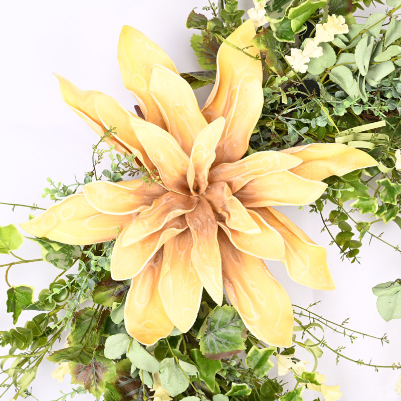 26" Spring Summer Front Door Floral Wreath, Yellow/Green