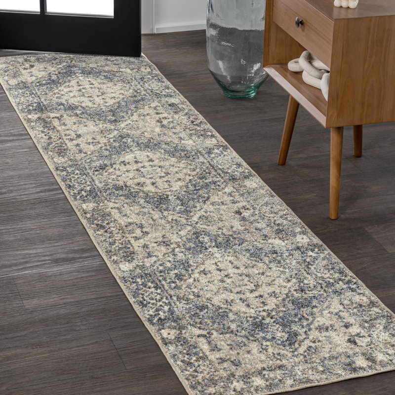 Pavel Distressed Medallion Low-Pile Machine-Washable Blue/Cream Rug, Runner 2' x 7'10"