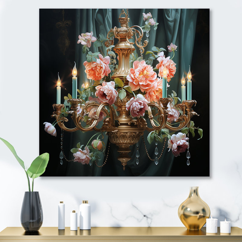 Rose floral rétro lustre II - lustre en métal, art mural, H 16 po x l 16 po