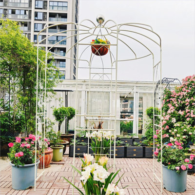 Arche de jardin en métal de style cage à oiseaux pour les mariages et les vignes grimpantes, acier thermolaqué blanc crème
