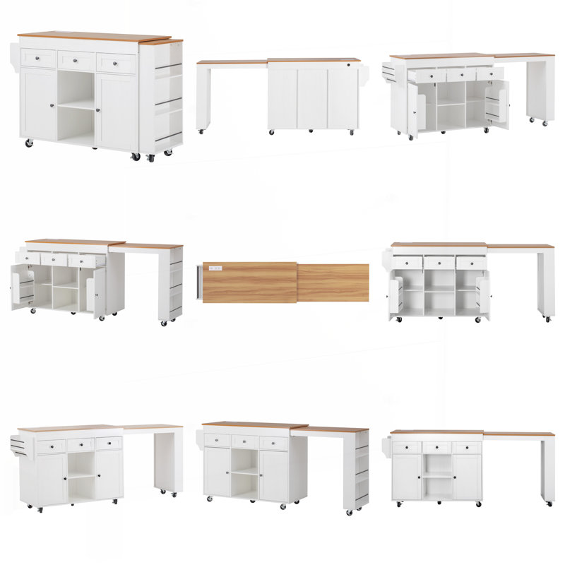85.5" Kitchen Island with Extendable Dining Table, White