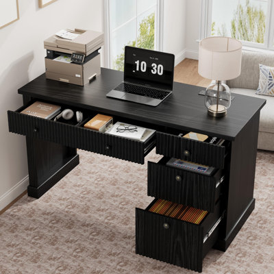 Bureau d'ordinateur noir cannelé avec tiroirs et station de charge, table d'écriture en bois de 54 pouces