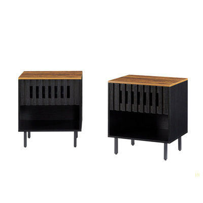 Ensemble de 2 tables de chevet avec portes rayées grillagées, table de chevet moderne Mid-Century, table de chevet avec tiroir à lattes, tables de bout avec pieds en métal, table de chevet pour chambre à coucher
