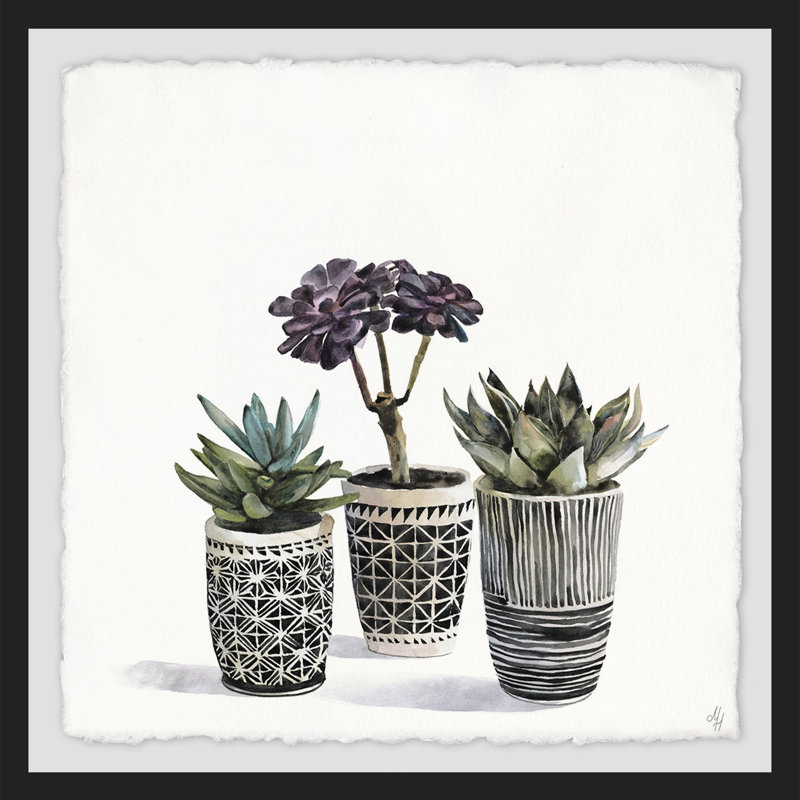 « three pots », reproduction de peinture à l’aquarelle encadrée, H 32 po x l 32 po x P 1,5 po