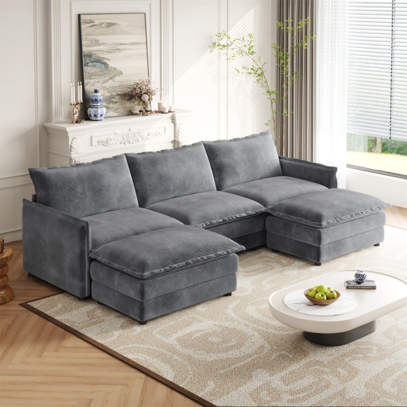 Canapé en tissu velours 3 places en velours côtelé confortable avec repose-pieds mobile pour le salon, ensemble de canapé en U surdimensionné à assise profonde, canapé rembourré à assise profonde de grande taille avec 3 coussins