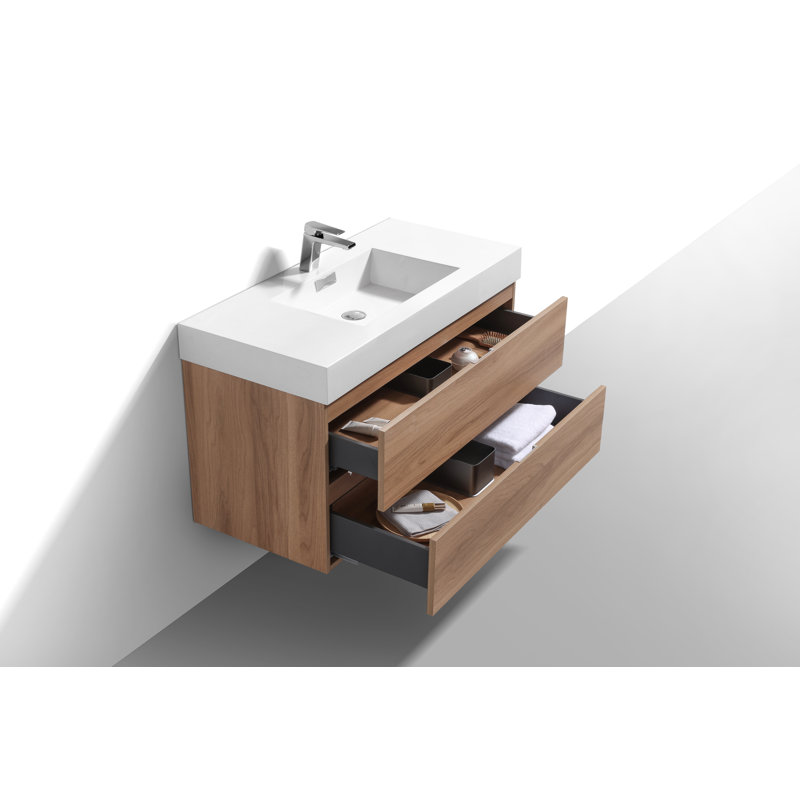 Meuble-lavabo simple mural 35,5 po avec plateau en acrylique renforcé, Chêne miel