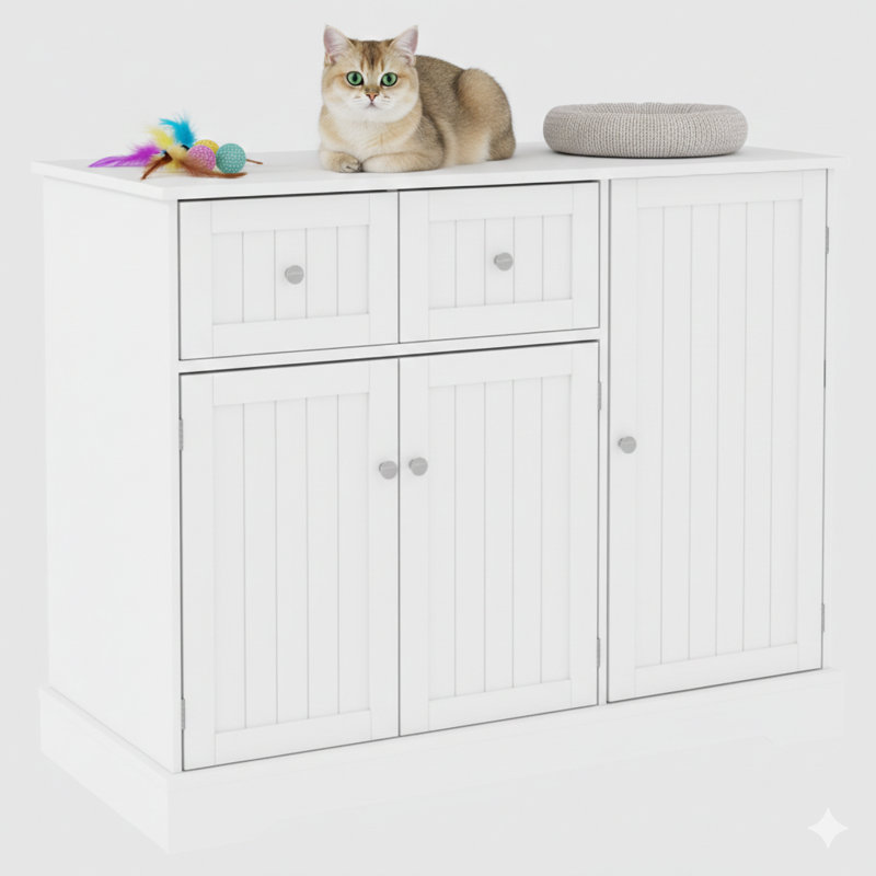 Enceinte de litière pour chat avec tiroirs pratiques, dimensions totales 39 po de largeur, 18 po de profondeur et 31,5 po de hauteur