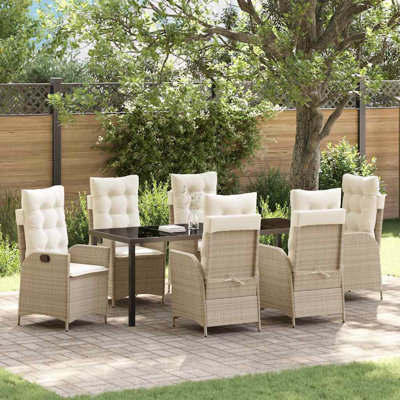  Ensemble de salle à manger de jardin avec coussin 7 pièces en rotin de polyester beige