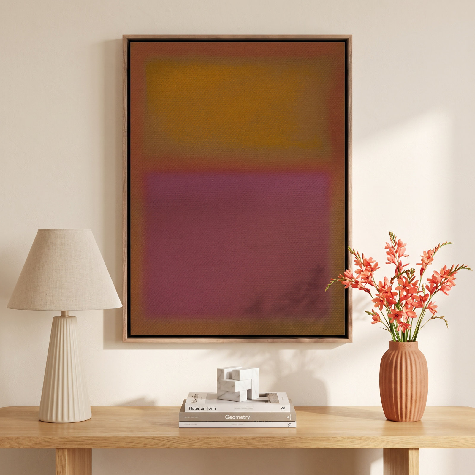 Composition Deep by Charles Stuart, 40" H x 30" W x 2" D, Red/Orange, Dark Brown