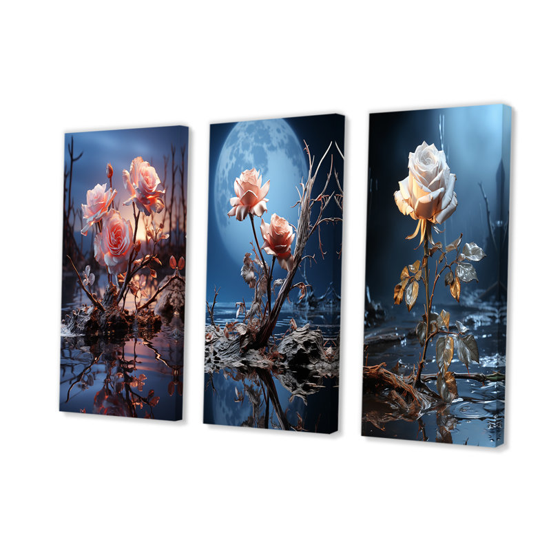 Ensemble de salon 3 pièces Moonlit Flower Serenity Blooms I - Rose, Toile tendue, H 28 po x l 36 po