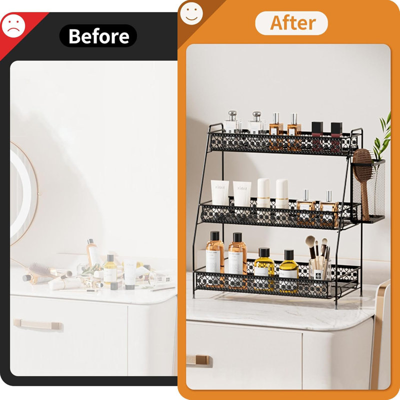 Organisateur de comptoir rétro à 3 niveaux avec panier en prime - Rangement pour parfums de cuisine et de maquillage