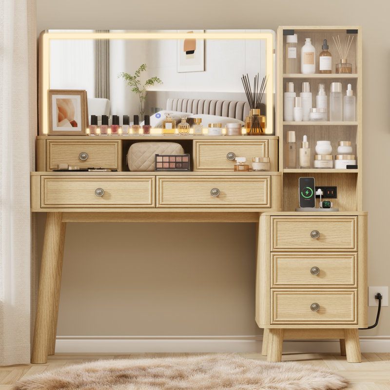 48'' Makeup Vanity Set With 36'' Large Mirror & Led Lights, Retro Vanity Desk With 7 Drawers & 3 Shelves, Vanity Table With Charging Station For Bedroom