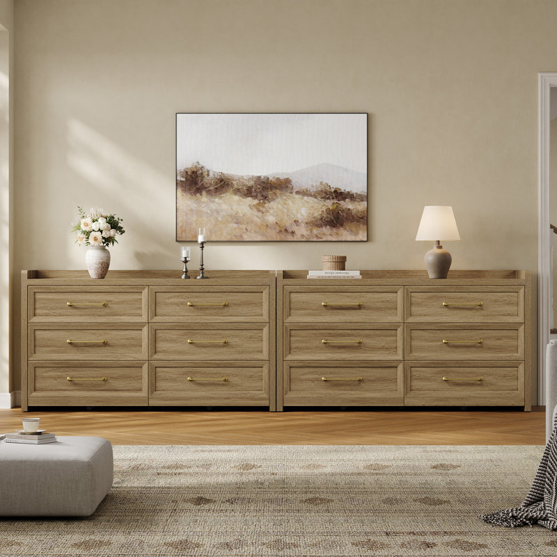 56.4"W Modern 6-Drawer Dresser, Natural Oak