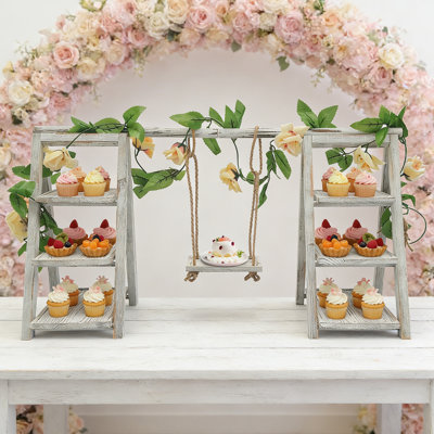 Présentoir à petits gâteaux en bois à 3 niveaux, présentoir à dessert avec balançoire et décoration florale, présentoir à échelle
