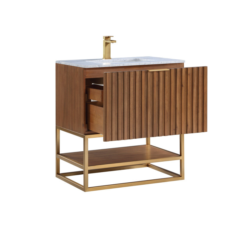 Terra 30'' W Single Vanity, Walnut, Carrara Marble/Single Faucet Mount, Satin Brass