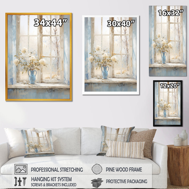 Blanc et bleu, minimalisme floral, fenêtres I, Cadre flottant doré, H 20 po x l 12 po x P 1 po