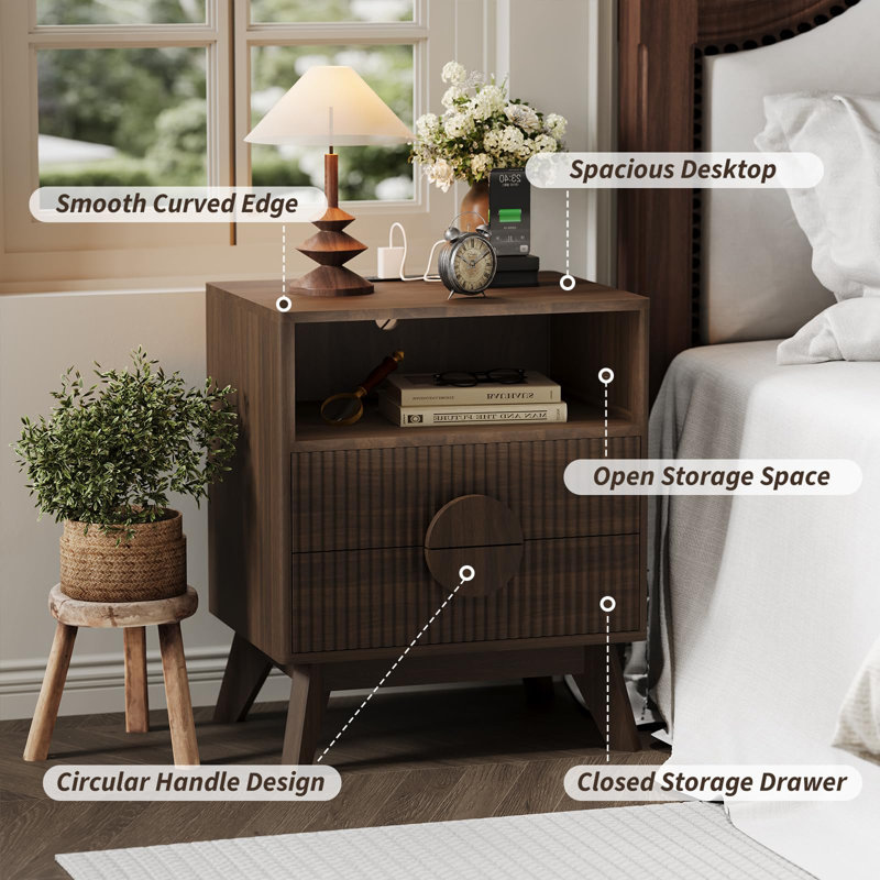 Table de chevet en bois cannelé moderne 2 pièces avec station de charge, tiroirs et tablette de rangement, Brun