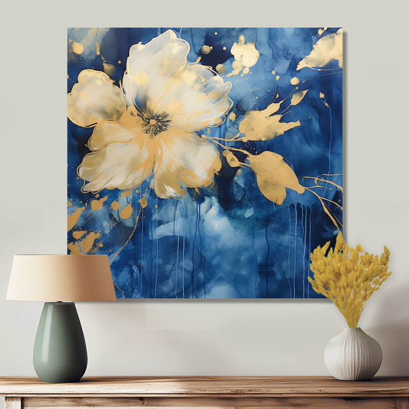 Bouton d'or jaune doré sur Nuevo Blue Glam - Art mural boutons d'or, Toile tendue, H 30 po x l 30 po x P 1 po