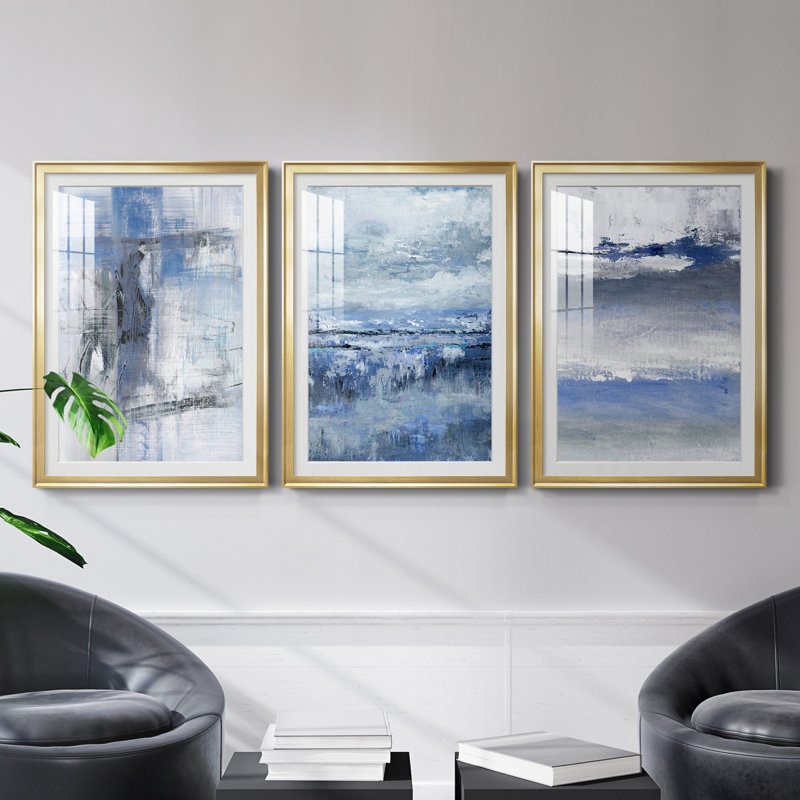 Soft Solace Indigo - Ensemble de 3 reproductions de cadres photo, Doré, H 30,5 po x l 127,5 po