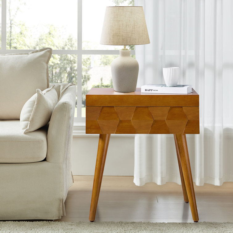 Sara Mid-Century Modern Nightstand With Pull-Out Shelf and Built-in Charging Station