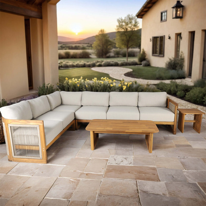 L-Shape 5-Seat Solid Acacia Sectional Sofa Set With Side & Rectangle Coffee Table
