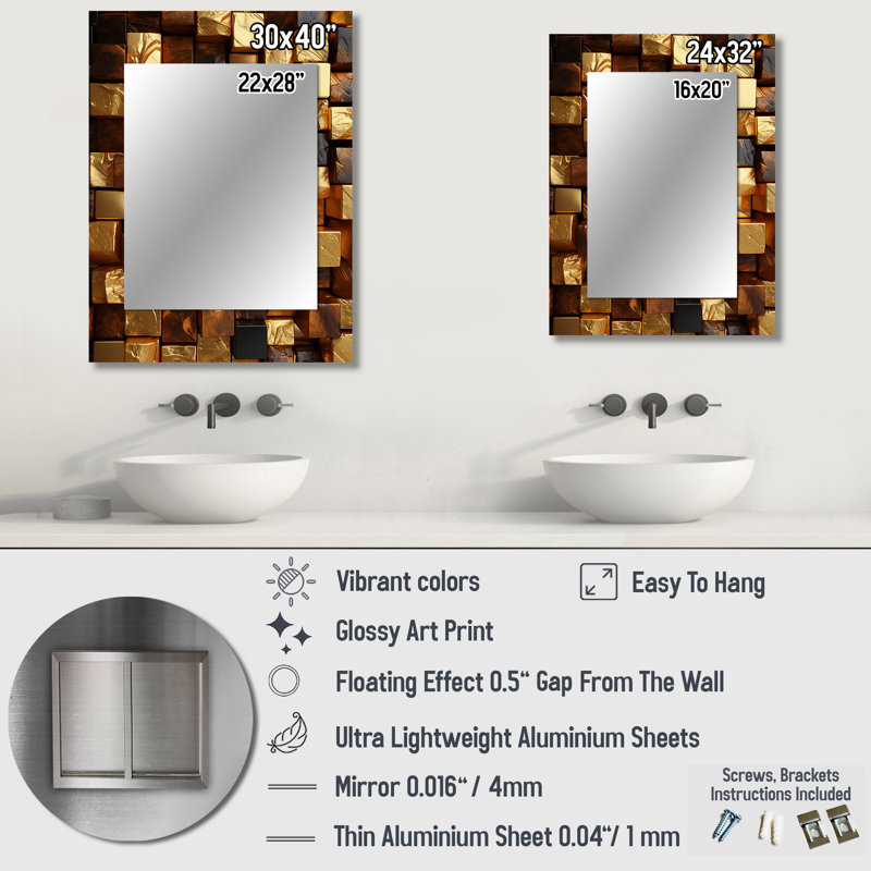 Cubes abstraits noirs et dorés II - miroir mural géométrique, miroir décoratif doré, impression sur métal, 40 po x 30 po