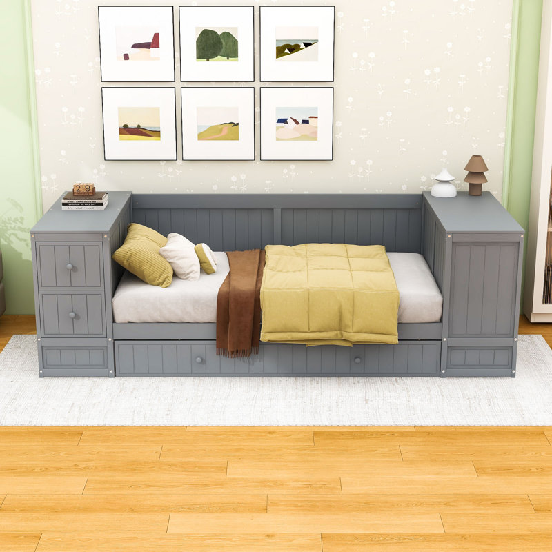 Wooden Daybed with Trundle, Drawers, Multi-Storage Arms and Charging Station, Gray