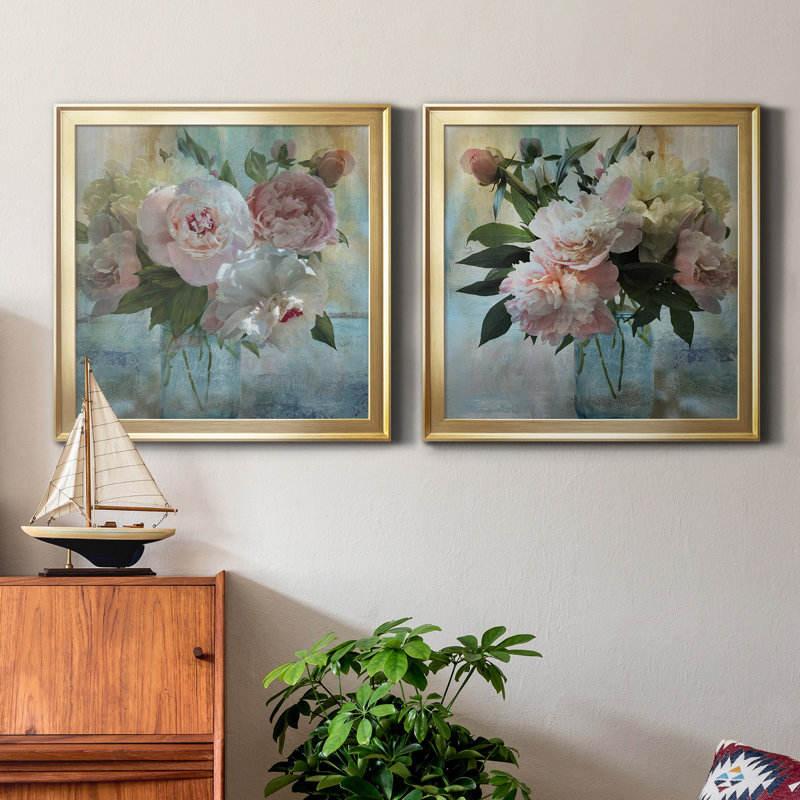 «Peony Bouquet I», reproduction de cadre photo sur toile 2 pièces, Or, H 26,5 po x l 53 po x P 1,5 po