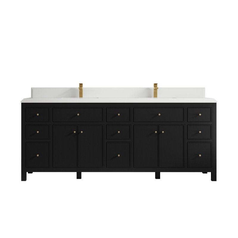 84'' Double Bathroom Vanity with Quartz Top, White, Black