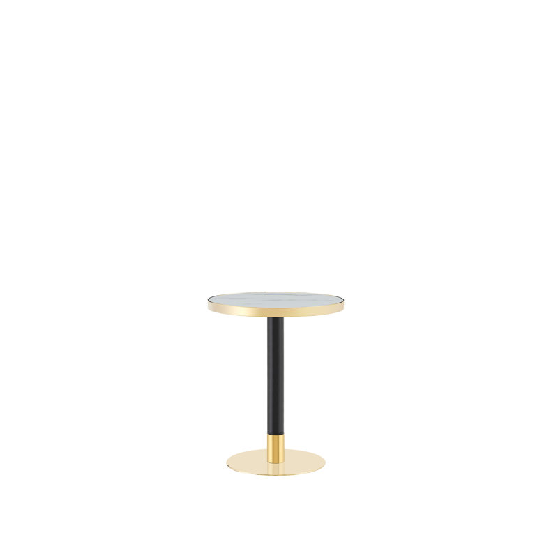 Panneau de fibres à densité moyenne rond de 23,6 po recouvert d'un comptoir de peinture UV, texture marbre, bordure en acier inoxydable, pieds de table en métal, table basse moderne et luxueuse.