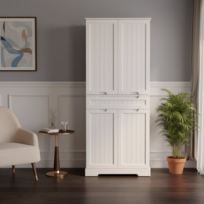 Armoire de rangement blanche avec portes et tablettes, idéale pour la cuisine et la salle de bain.